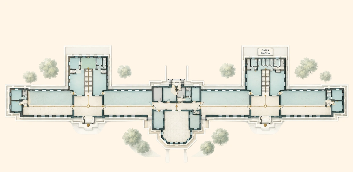 Planta do Pavilhão São José. Bem-estar à direita, gastronomia ao centro-direita, auditório ao centro e cultura nas duas alas à esquerda.